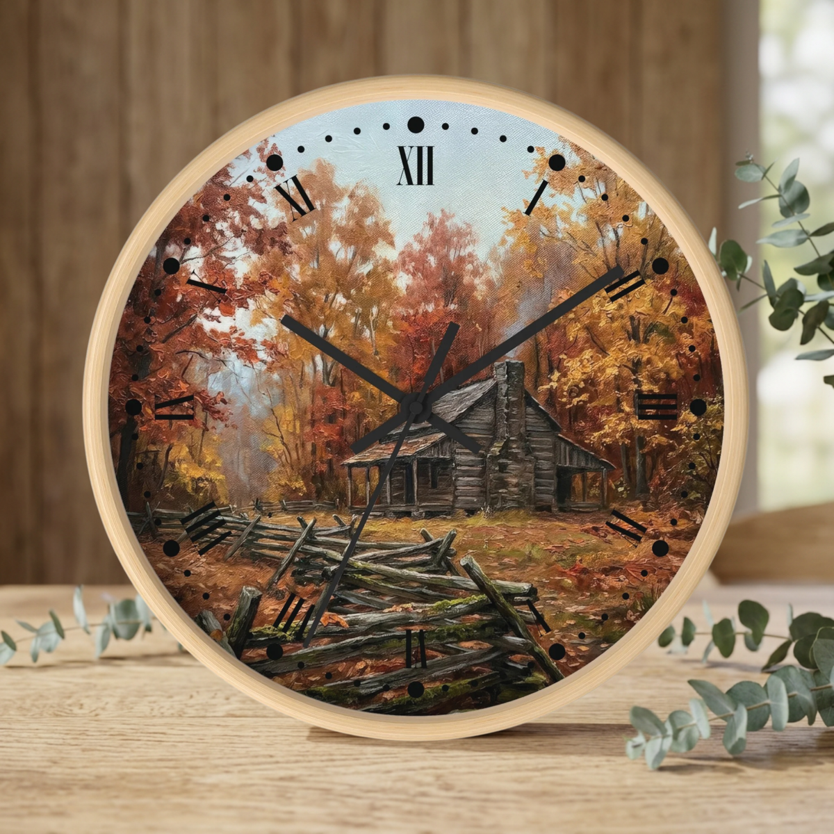 Rustic Autumn Cabin Wall Clock