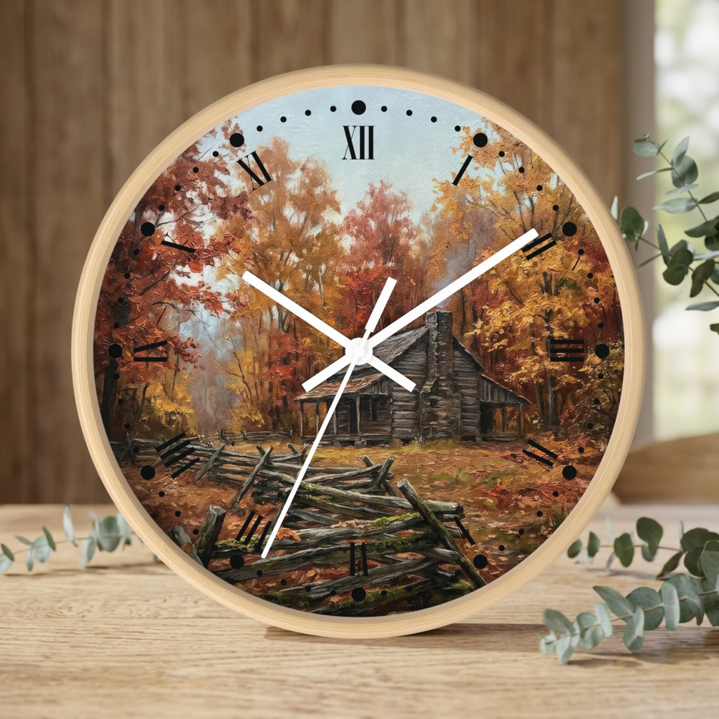 Rustic Autumn Cabin Wall Clock