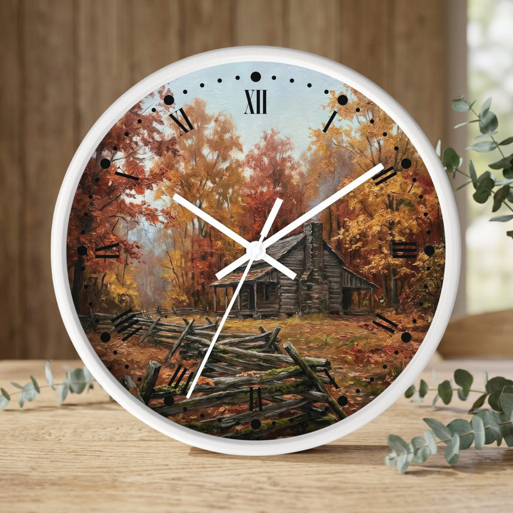 Rustic Autumn Cabin Wall Clock