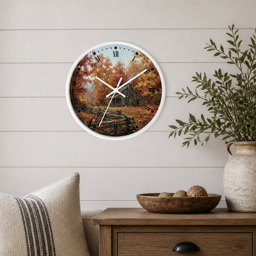 Rustic Autumn Cabin Wall Clock