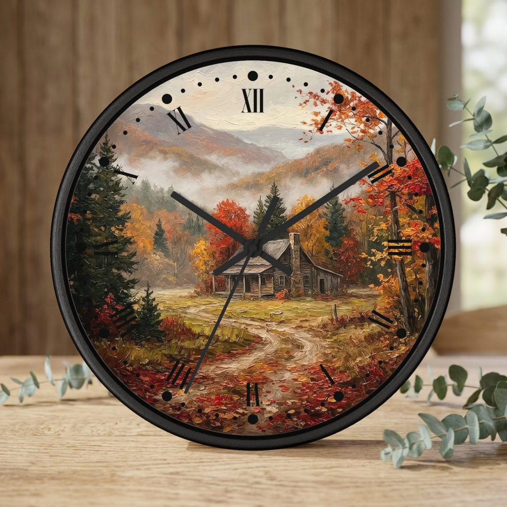 Rustic Autumn Cabin Landscape Wall Clock