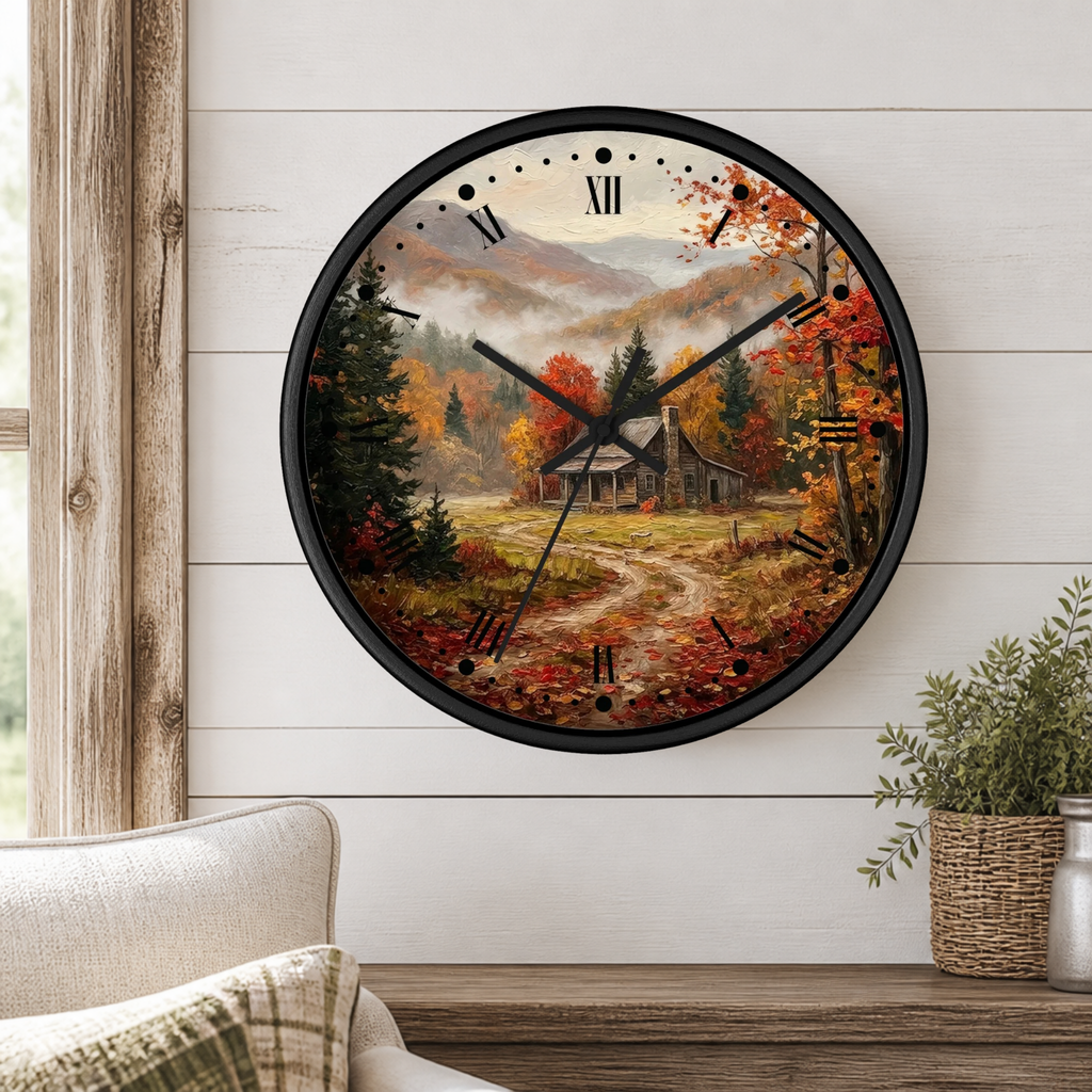 Rustic Autumn Cabin Landscape Wall Clock