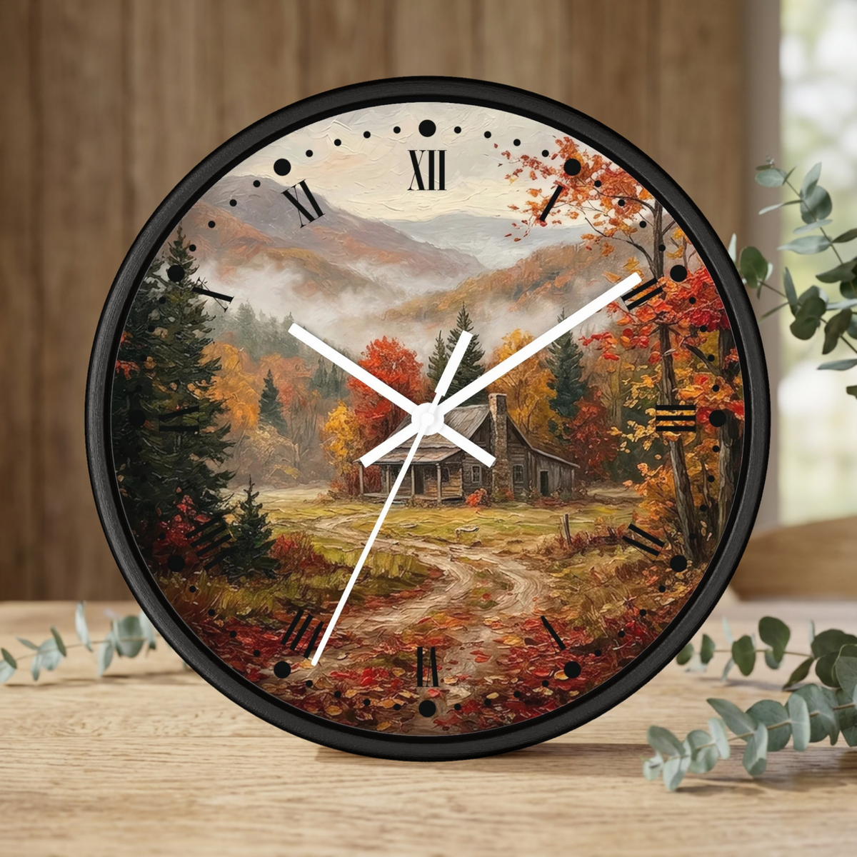 Rustic Autumn Cabin Landscape Wall Clock