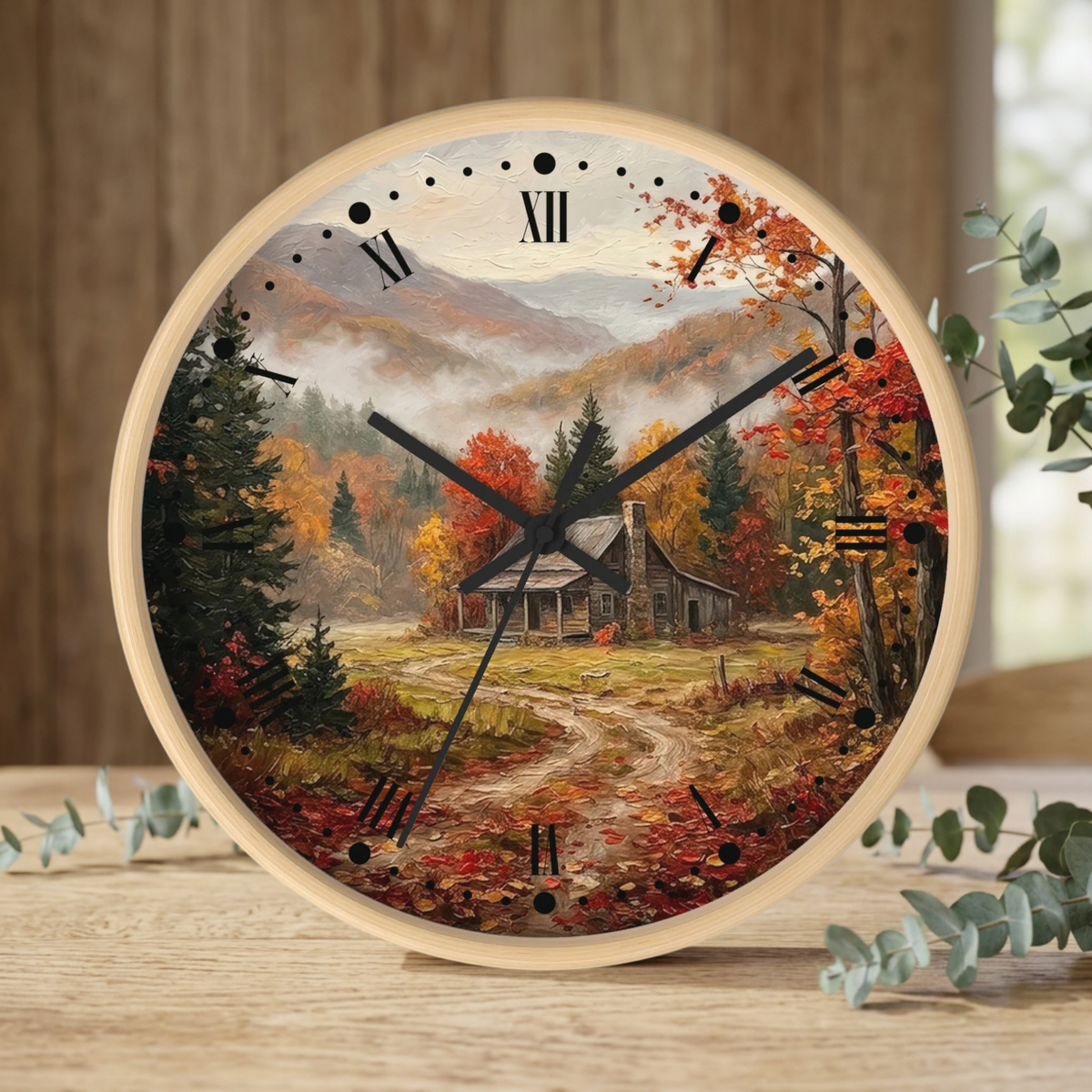 Rustic Autumn Cabin Landscape Wall Clock
