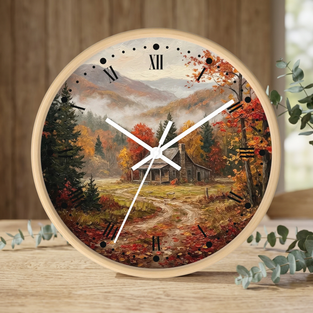 Rustic Autumn Cabin Landscape Wall Clock