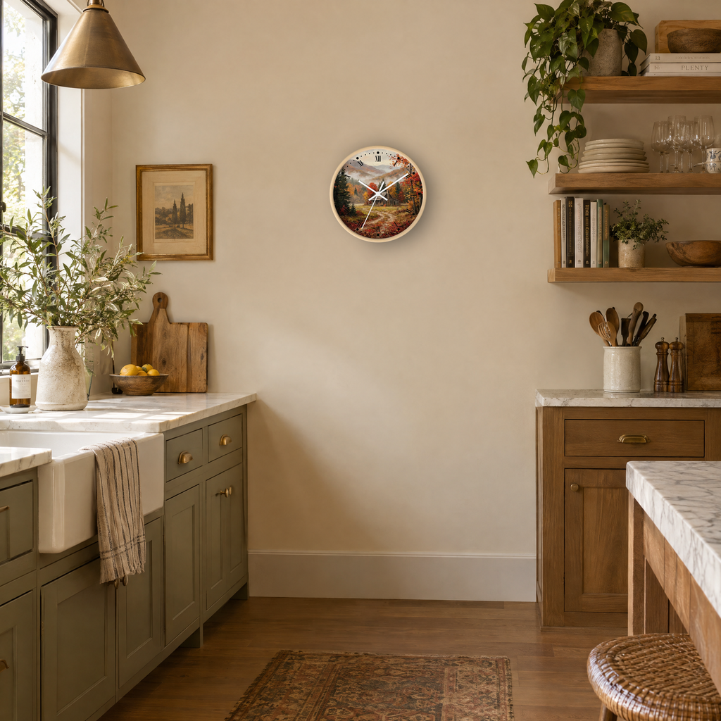 Rustic Autumn Cabin Landscape Wall Clock