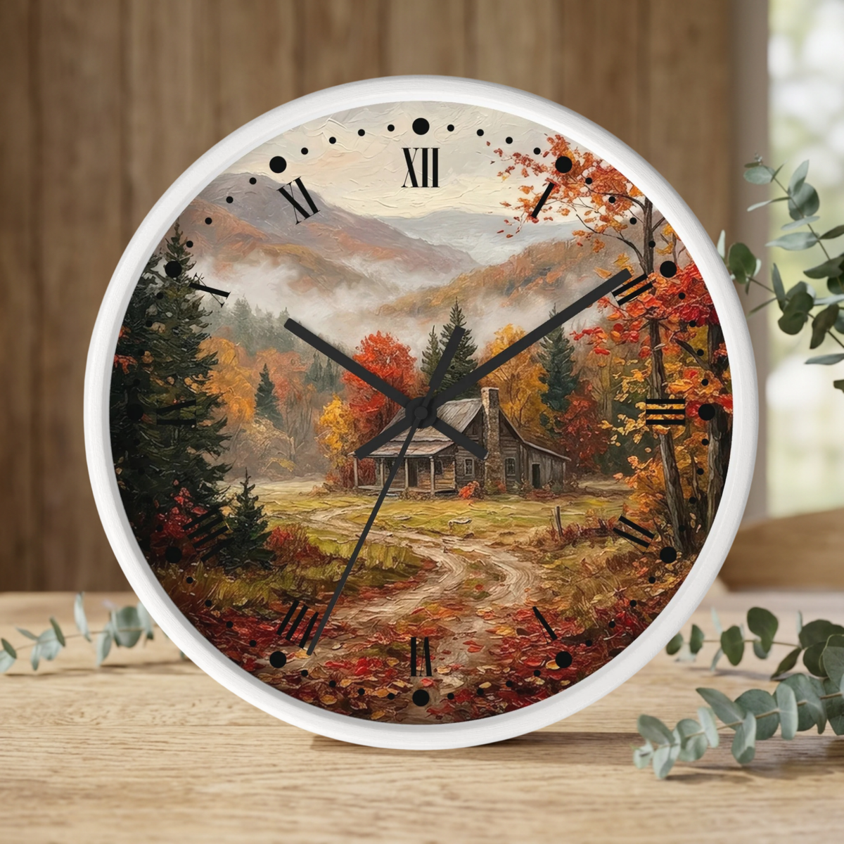 Rustic Autumn Cabin Landscape Wall Clock