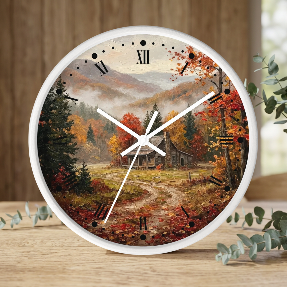 Rustic Autumn Cabin Landscape Wall Clock