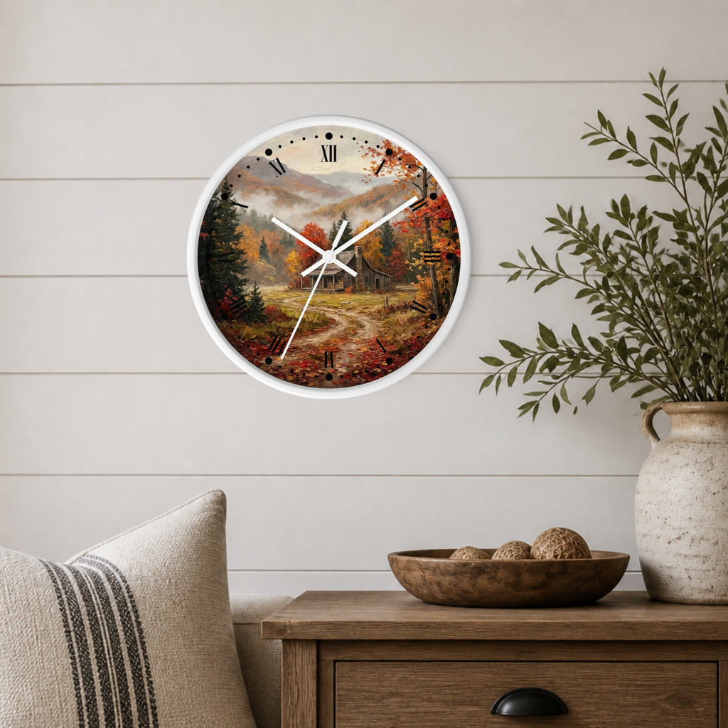 Rustic Autumn Cabin Landscape Wall Clock