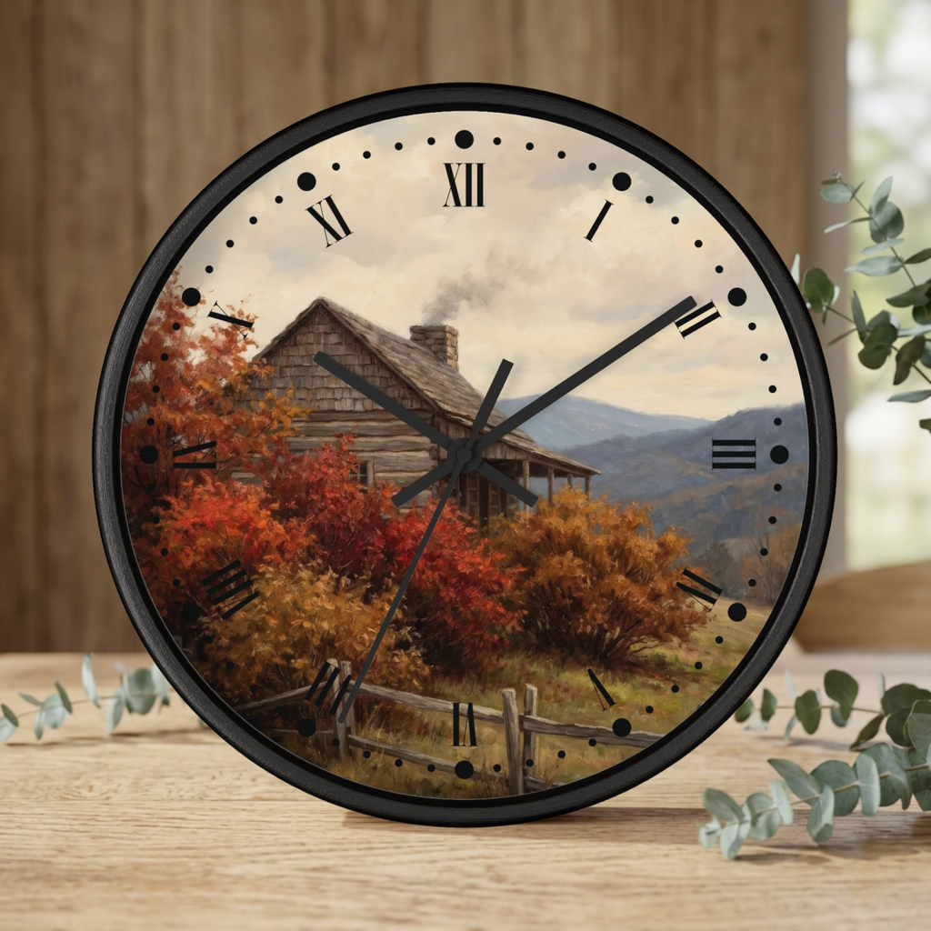 Rustic Cabin Autumn Mountain Wall Clock