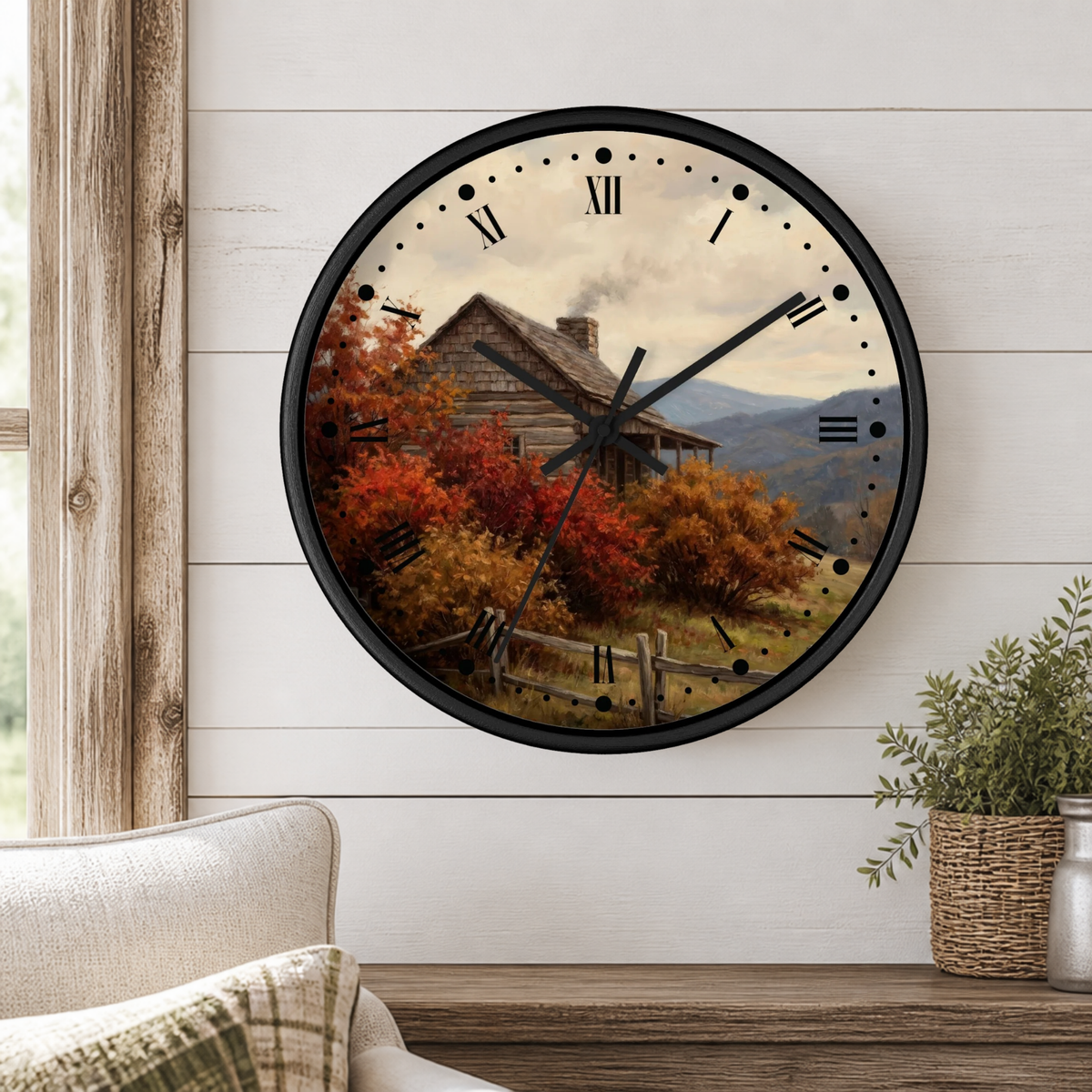 Rustic Cabin Autumn Mountain Wall Clock