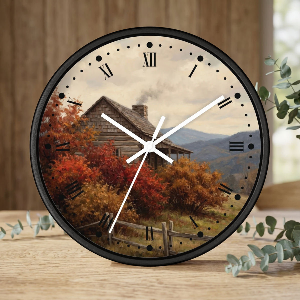 Rustic Cabin Autumn Mountain Wall Clock