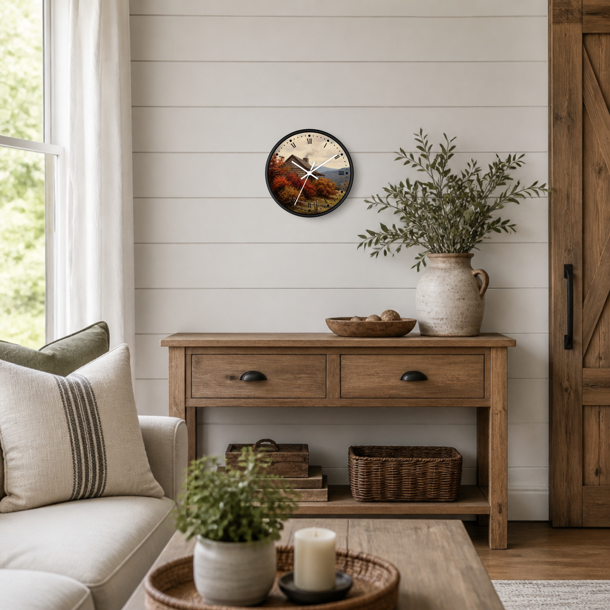Rustic Cabin Autumn Mountain Wall Clock