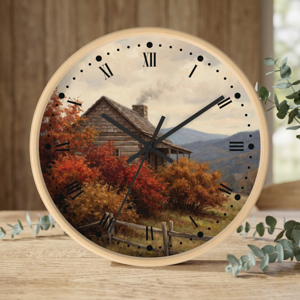 Rustic Cabin Autumn Mountain Wall Clock