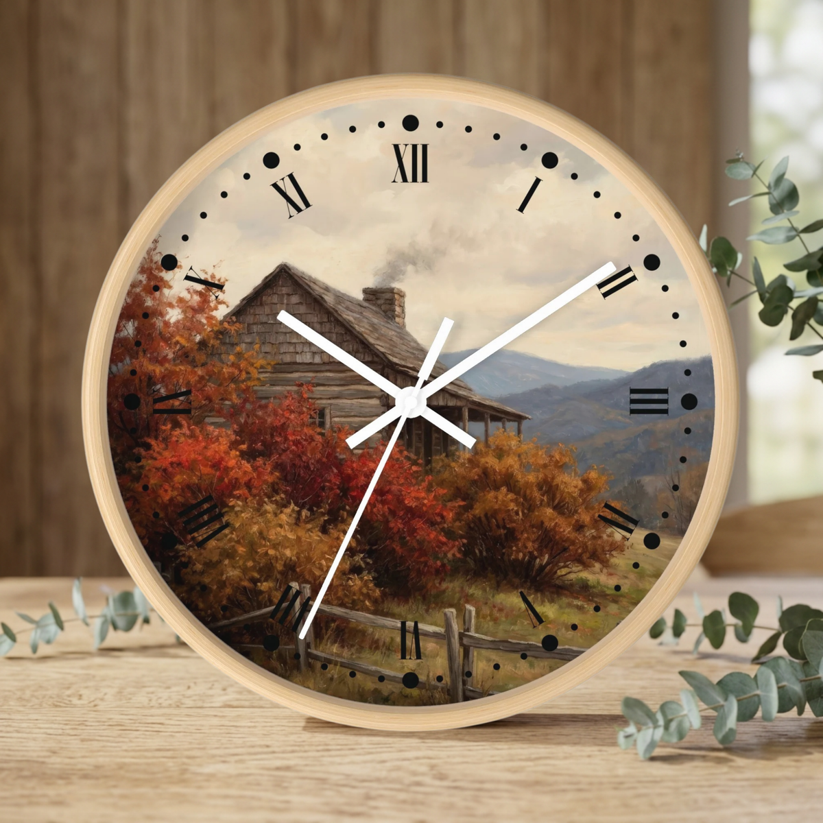 Rustic Cabin Autumn Mountain Wall Clock