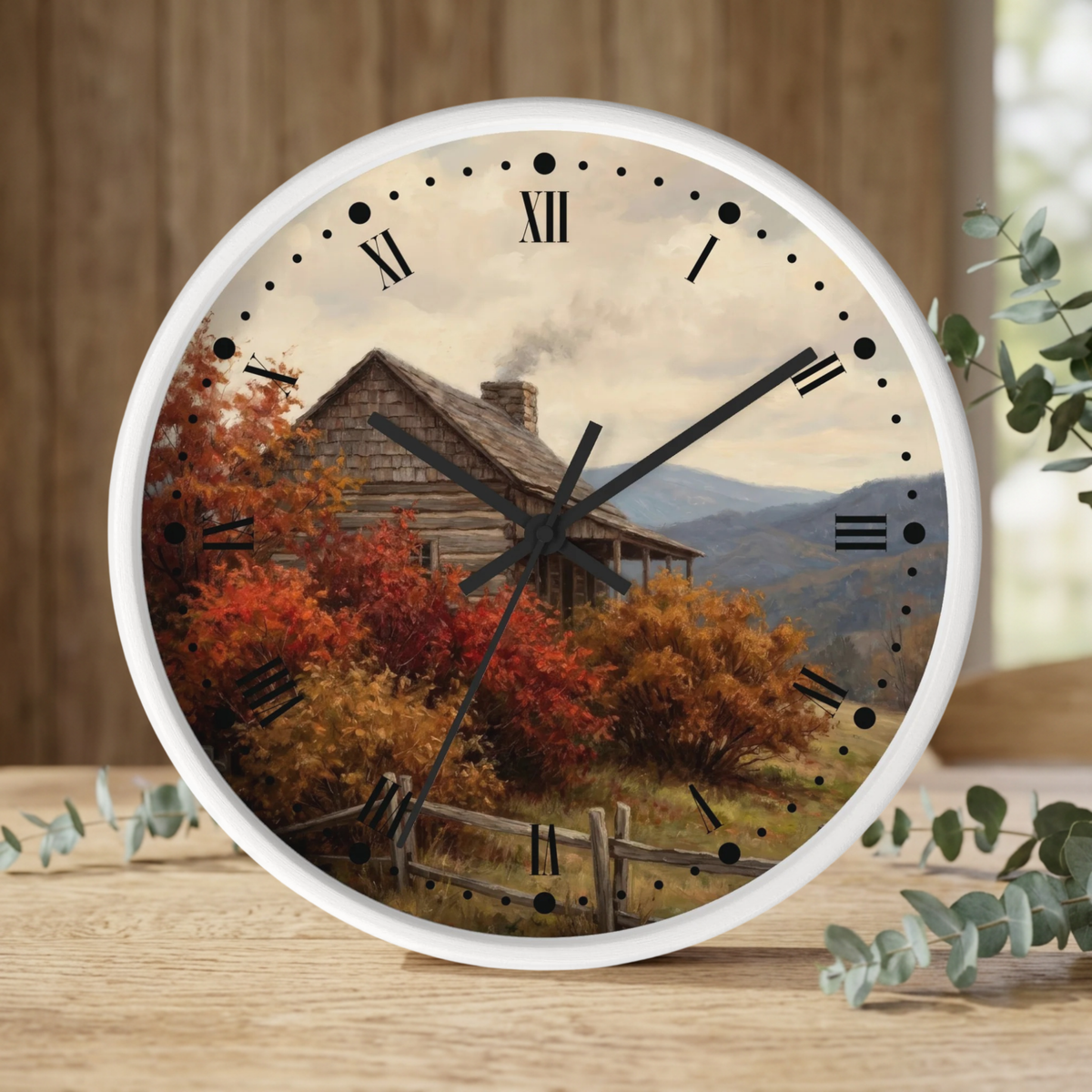 Rustic Cabin Autumn Mountain Wall Clock