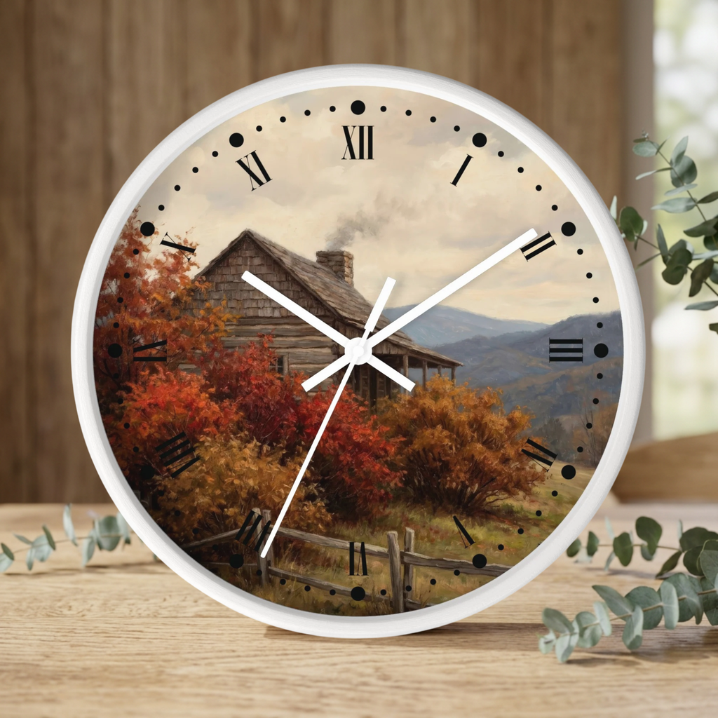 Rustic Cabin Autumn Mountain Wall Clock