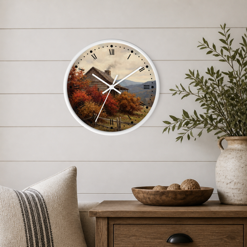 Rustic Cabin Autumn Mountain Wall Clock