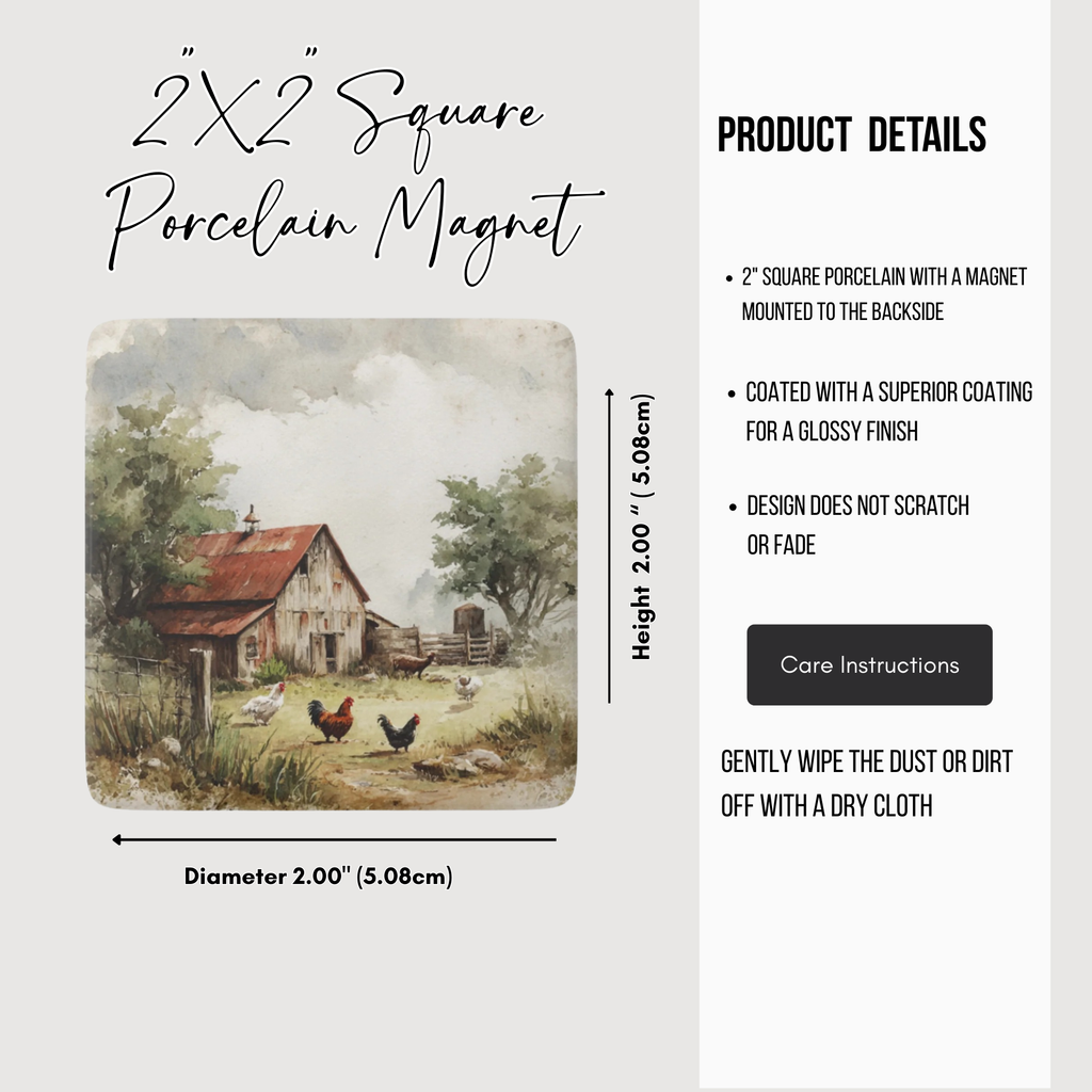2x2 square porcelain magnet with barn and chickens design, product details on the right.
