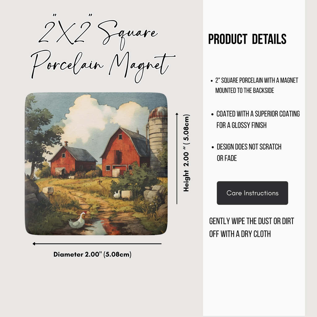 2x2 square porcelain magnet with a barn design and product details on a white background
