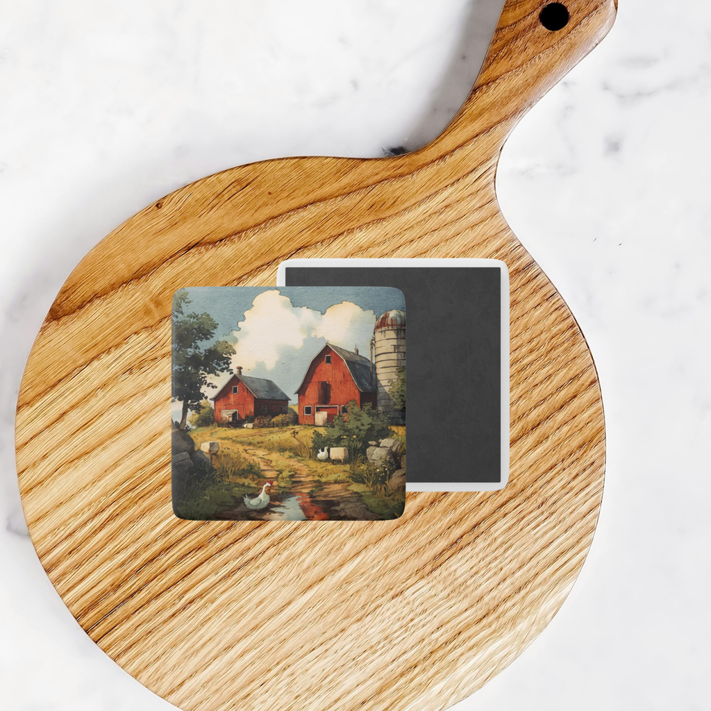 Two rectangular magnets with farm scene designs on a wooden cutting board.