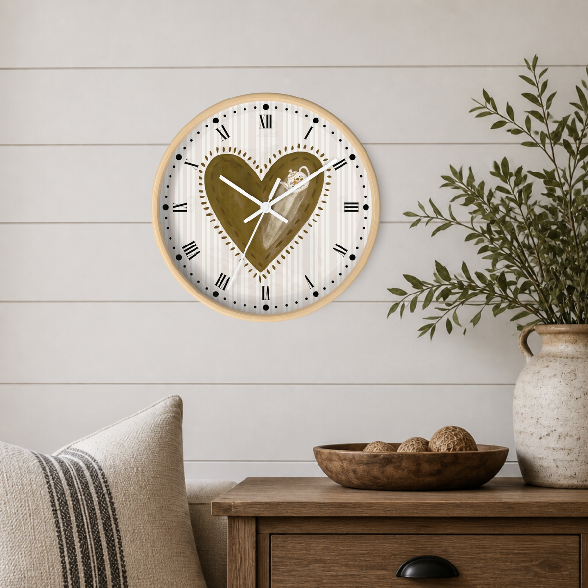 Rustic Heart Teapot Wall Clock with Roman Numerals — Cottage Heartbeat Kitchen Decor