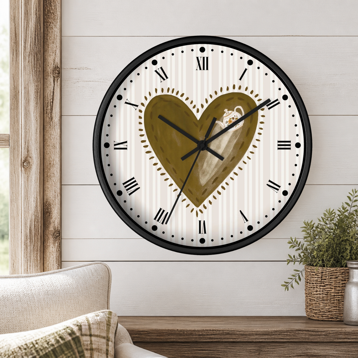 Rustic Heart Teapot Wall Clock with Roman Numerals — Cottage Heartbeat Kitchen Decor