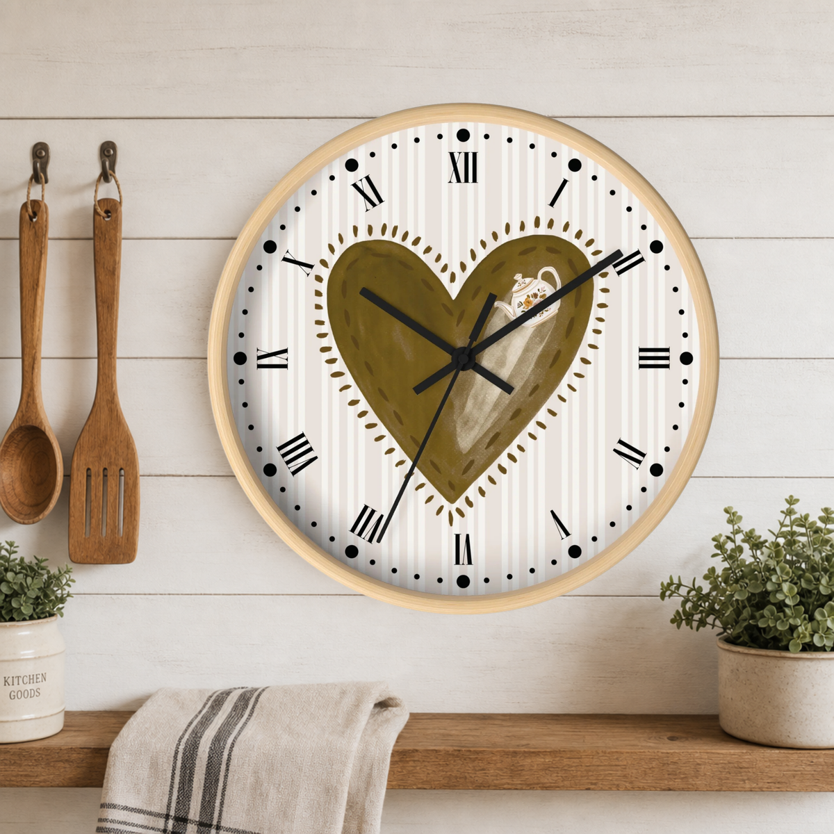 Rustic Heart Teapot Wall Clock with Roman Numerals — Cottage Heartbeat Kitchen Decor