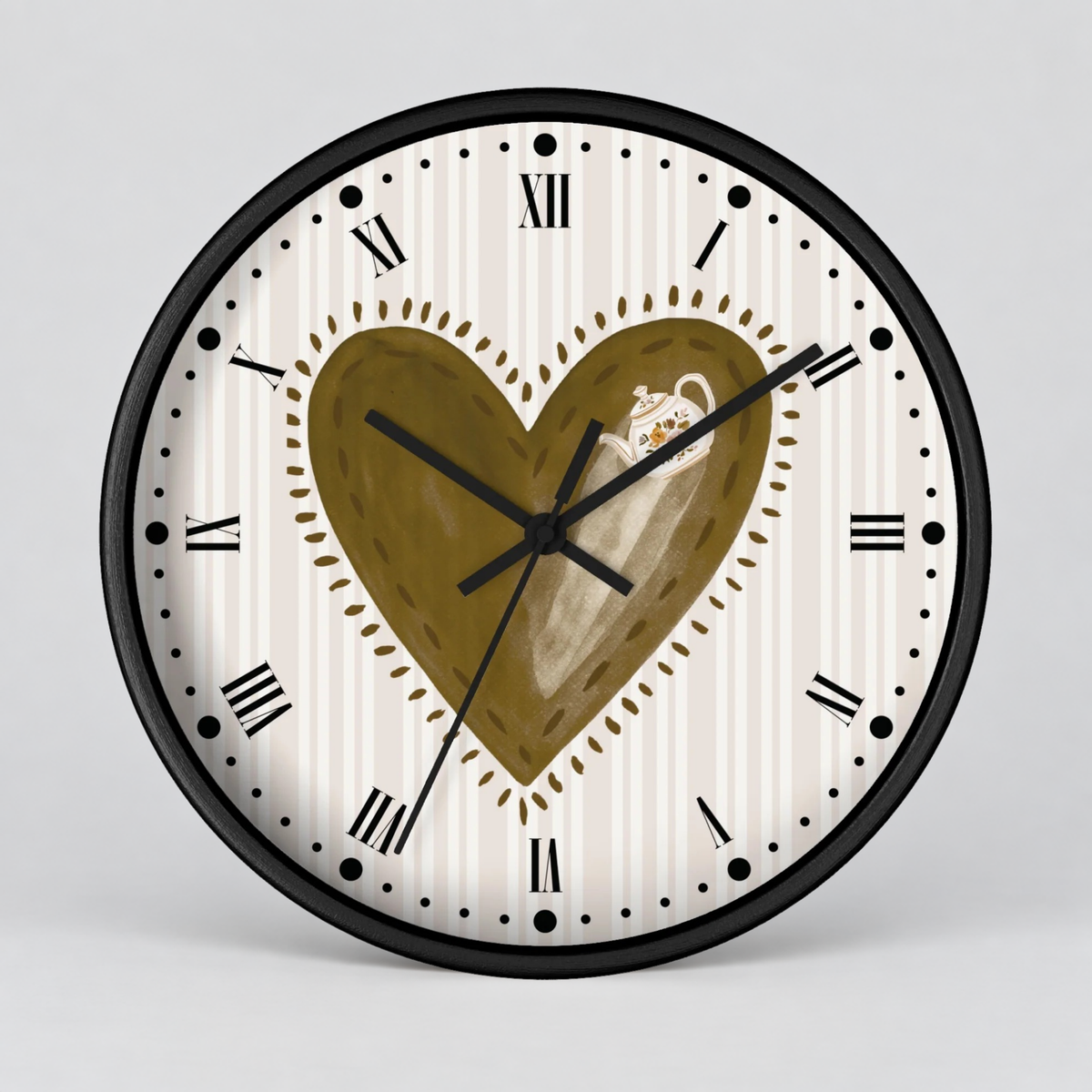 Rustic Heart Teapot Wall Clock with Roman Numerals — Cottage Heartbeat Kitchen Decor