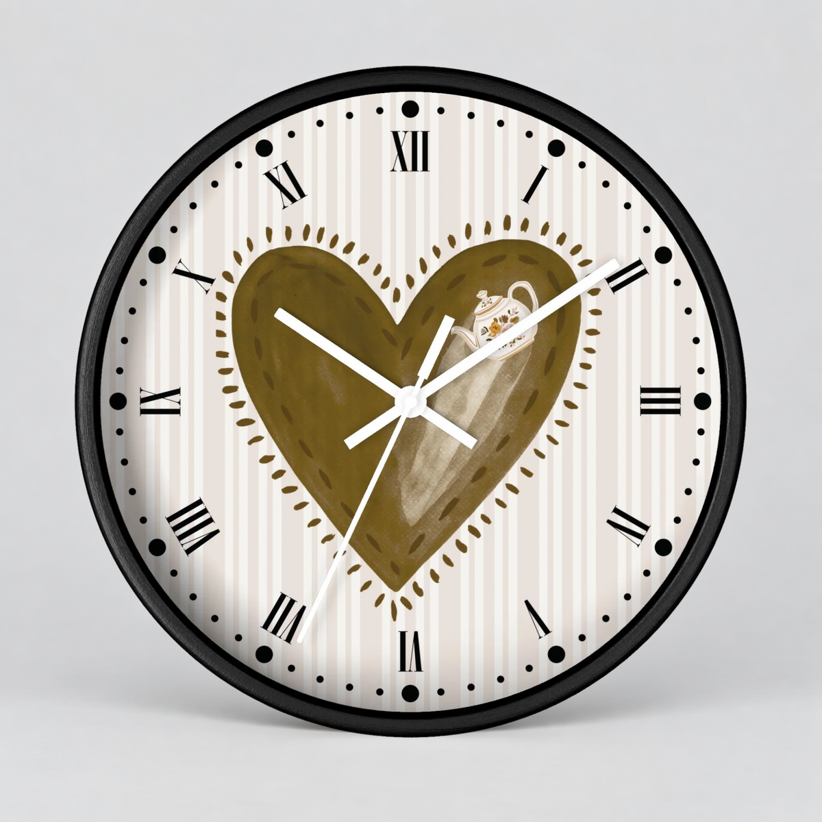 Rustic Heart Teapot Wall Clock with Roman Numerals — Cottage Heartbeat Kitchen Decor