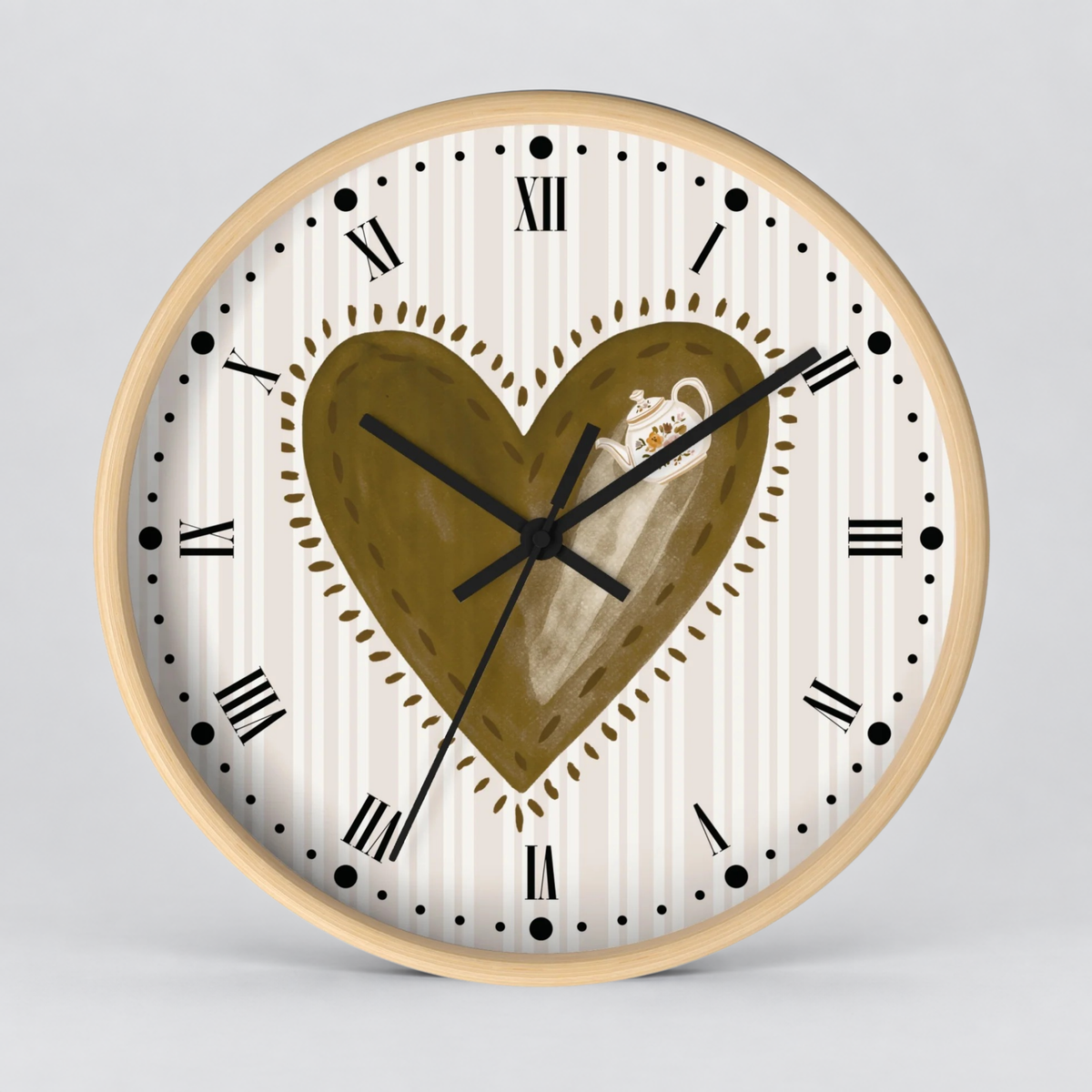 Rustic Heart Teapot Wall Clock with Roman Numerals — Cottage Heartbeat Kitchen Decor