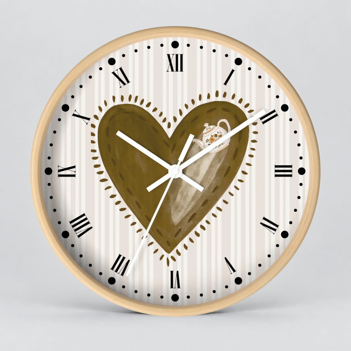 Rustic Heart Teapot Wall Clock with Roman Numerals — Cottage Heartbeat Kitchen Decor
