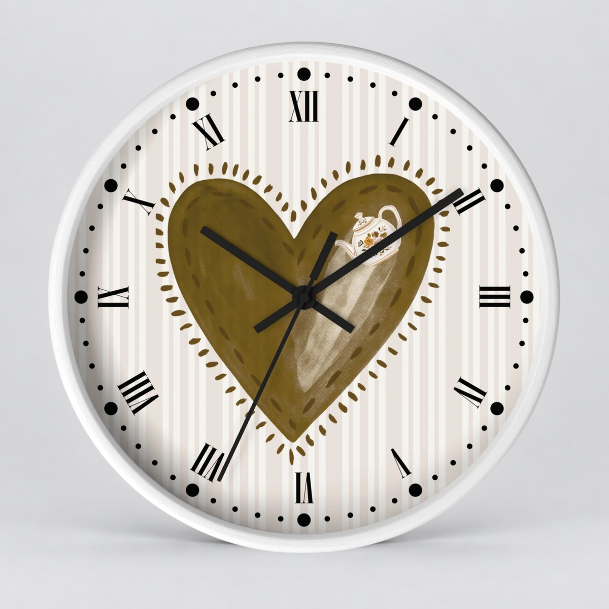 Rustic Heart Teapot Wall Clock with Roman Numerals — Cottage Heartbeat Kitchen Decor