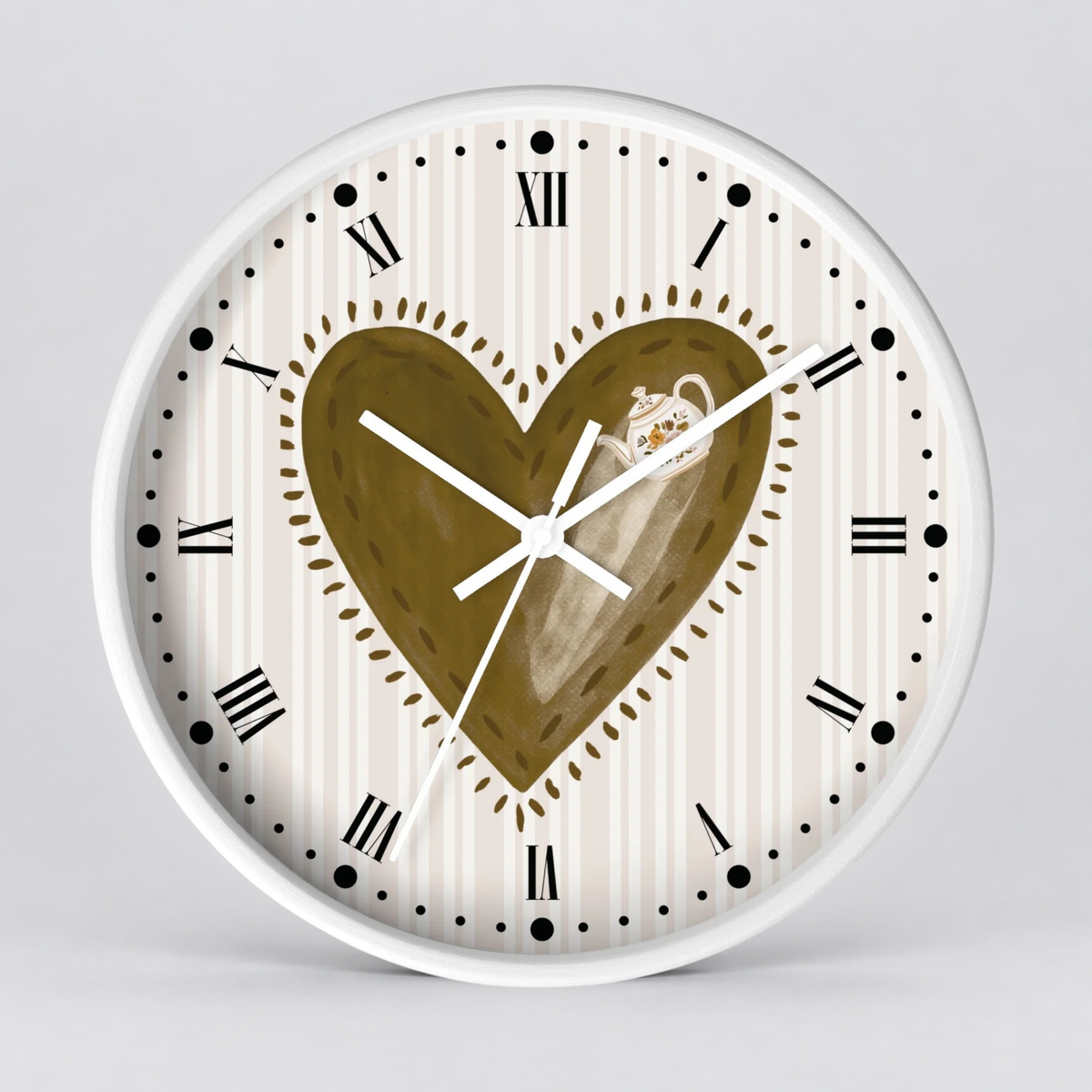 Rustic Heart Teapot Wall Clock with Roman Numerals — Cottage Heartbeat Kitchen Decor