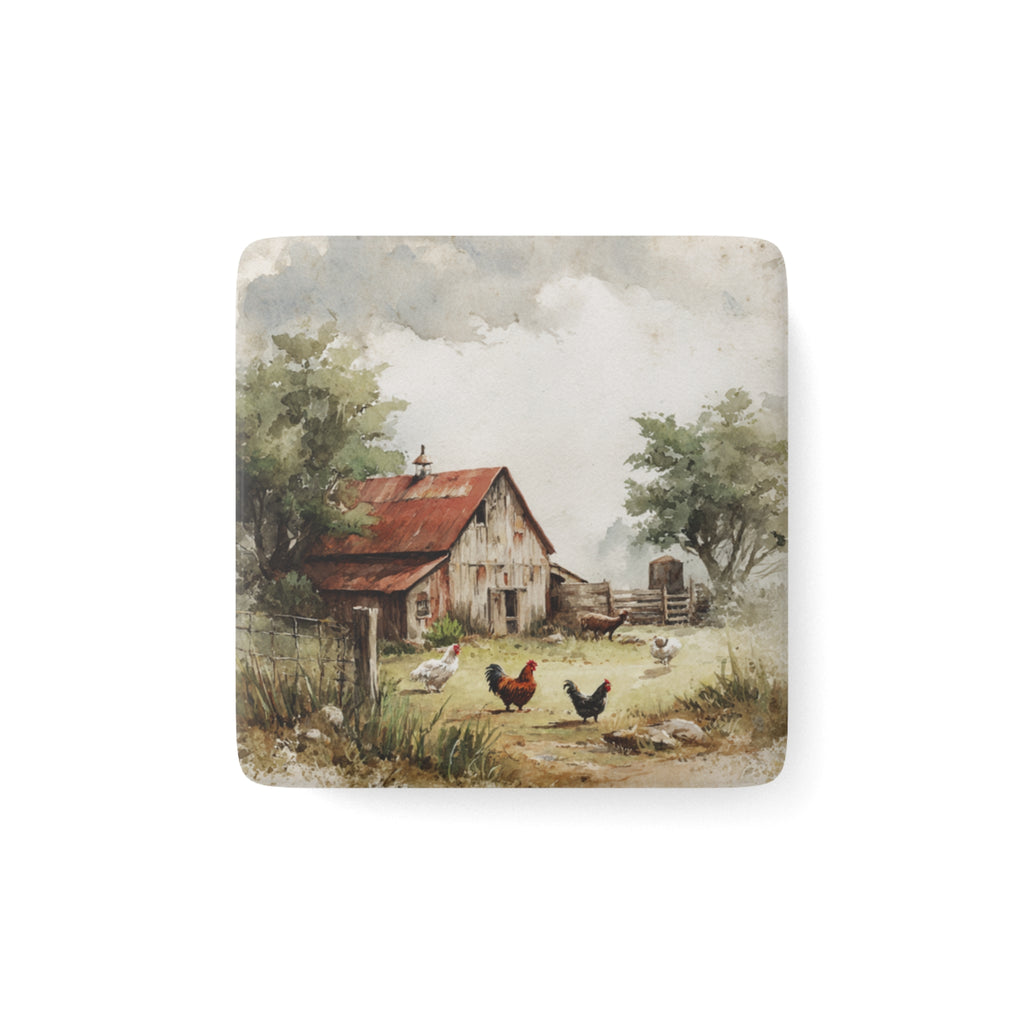 Painting of a rustic barn with chickens in a field on a white background