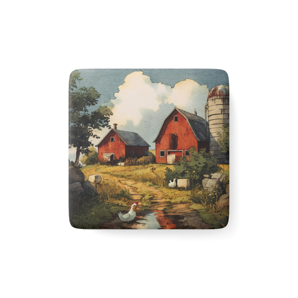 Magnet with  painting of a rural landscape with red barns and silos.