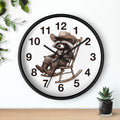 Round black wall clock with a raccoon in a cowboy hat design on a white background