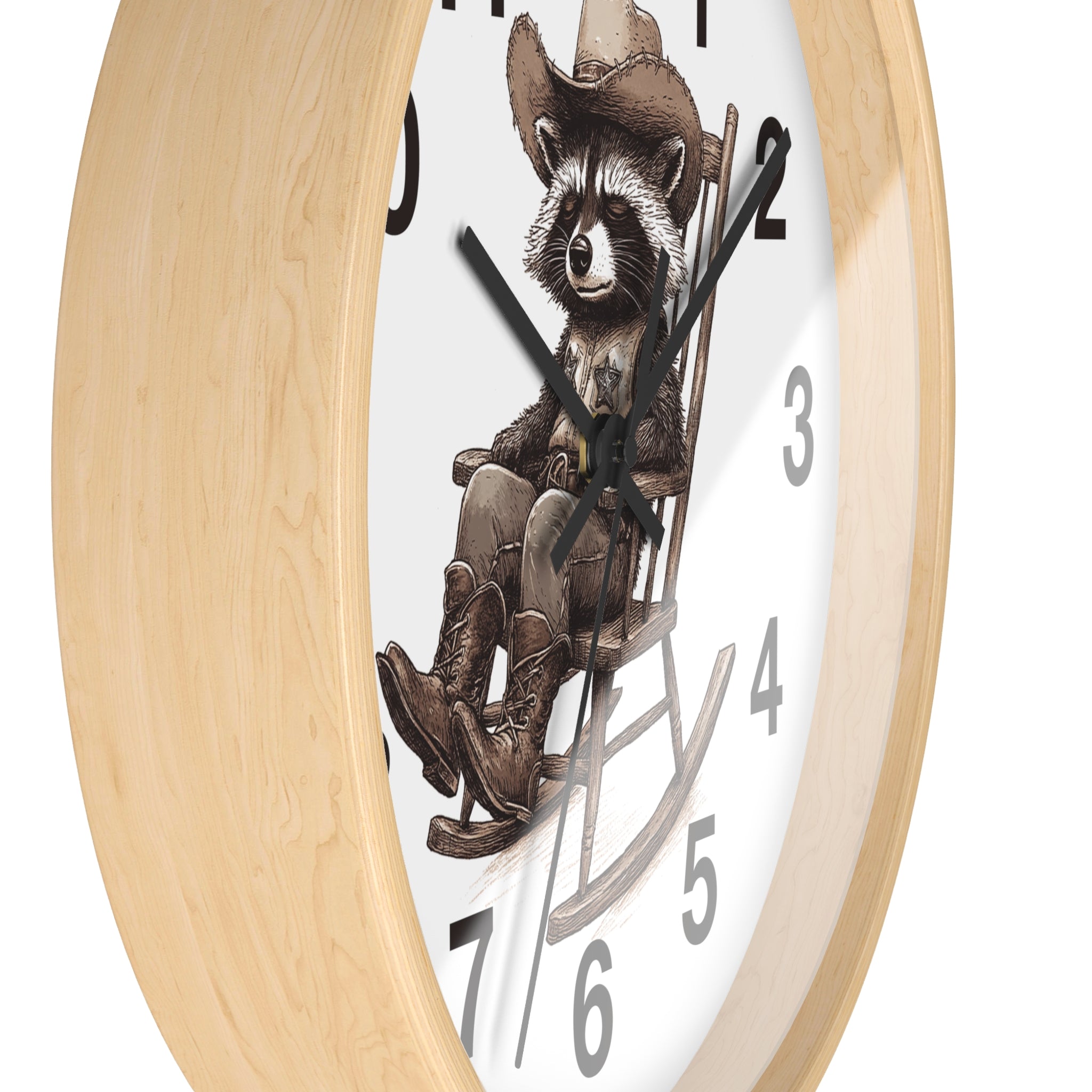 Side view of a wood wall clock with a raccoon wearing a cowboy hat and boots sitting in a rocking chair on a white background