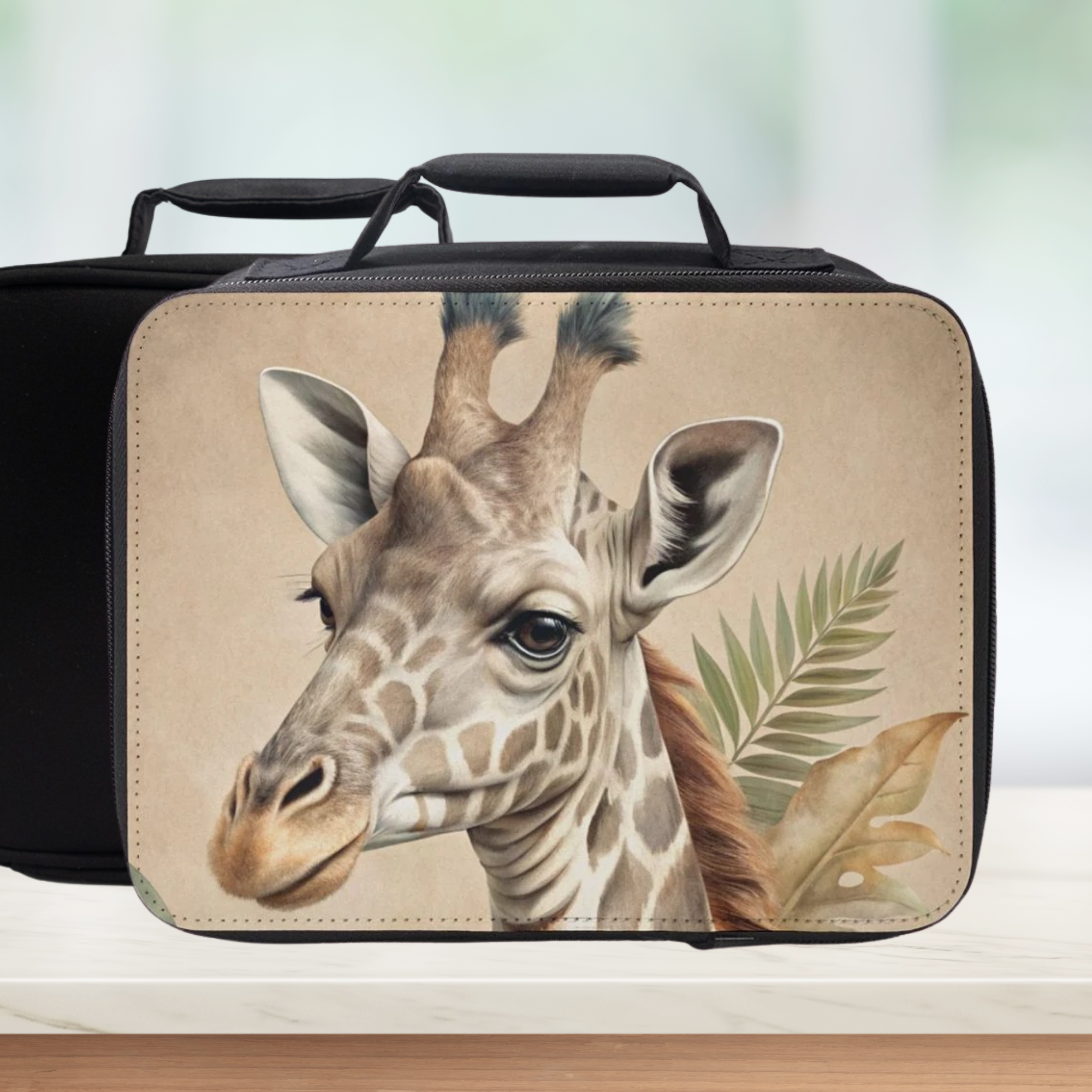 Black lunch bag with a giraffe design on a neutral background