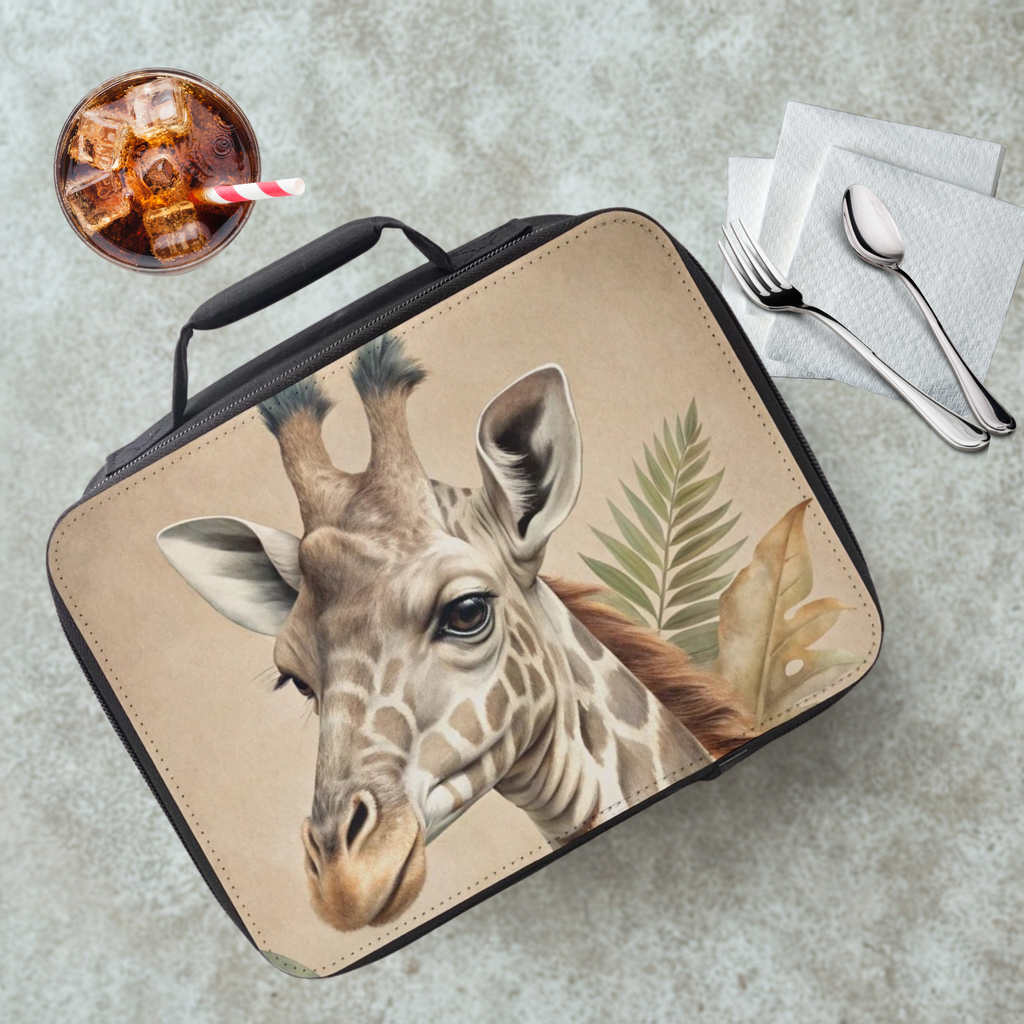 Lunch bag with giraffe design on a cafeteria table with a drink and utensils.