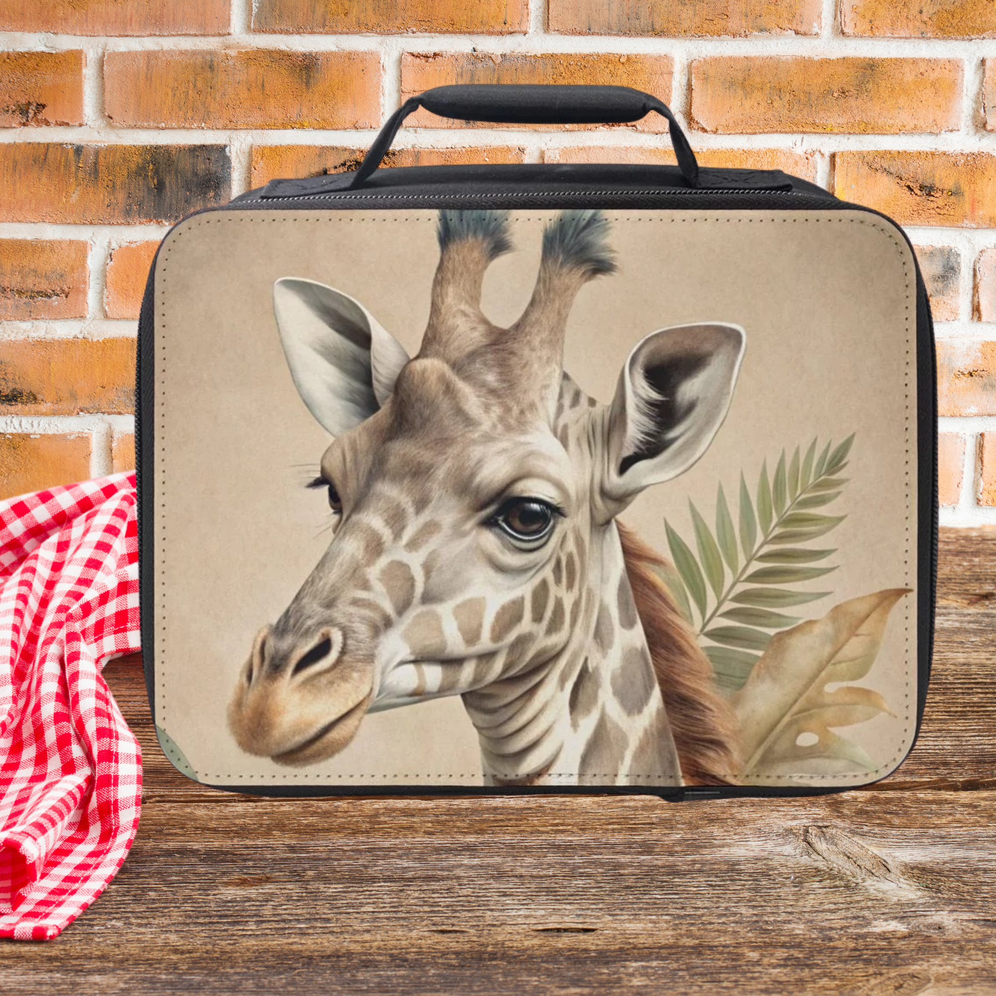 Lunch bag with a giraffe design on a wooden surface and brick wall background