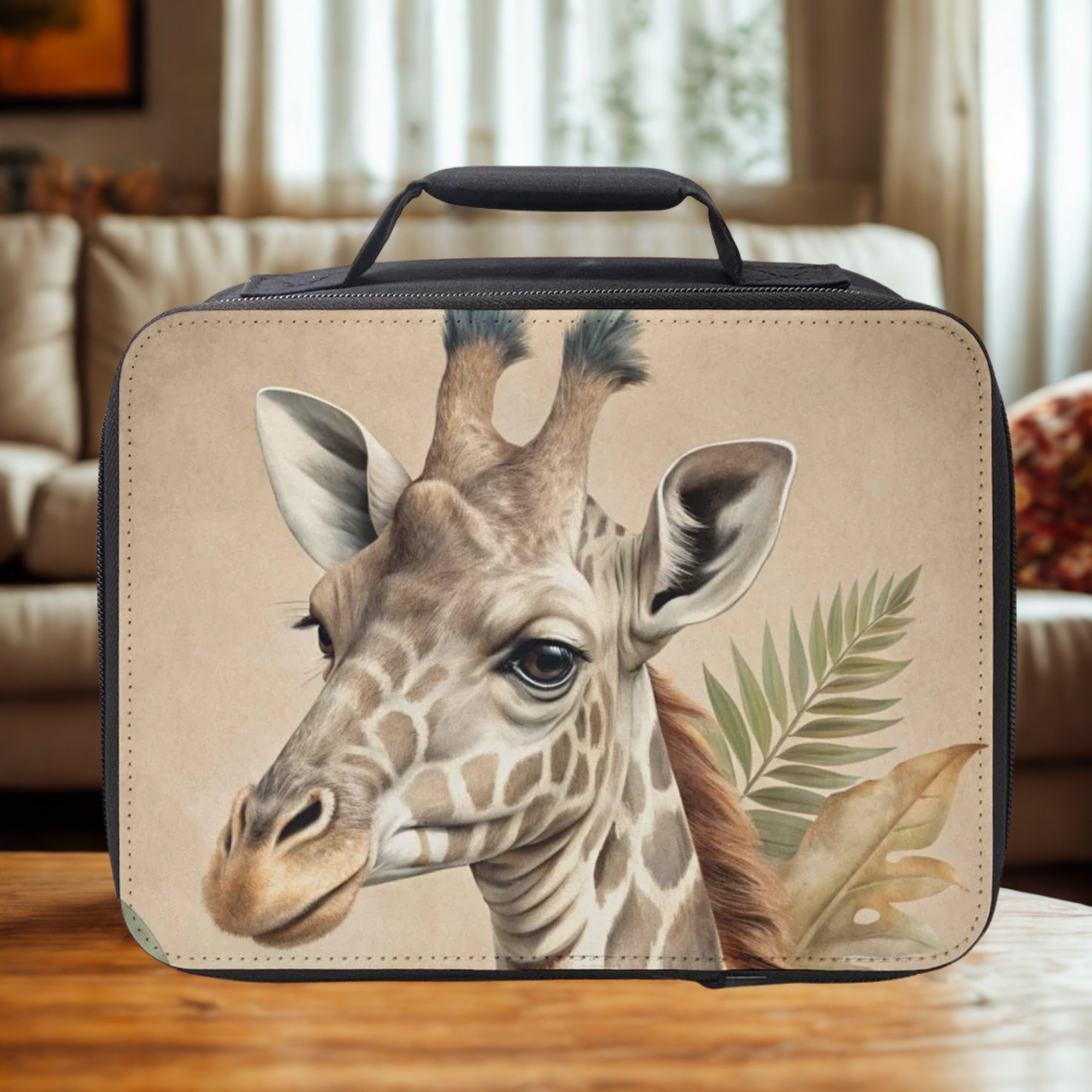 Lunch bag with a giraffe design on a wooden table