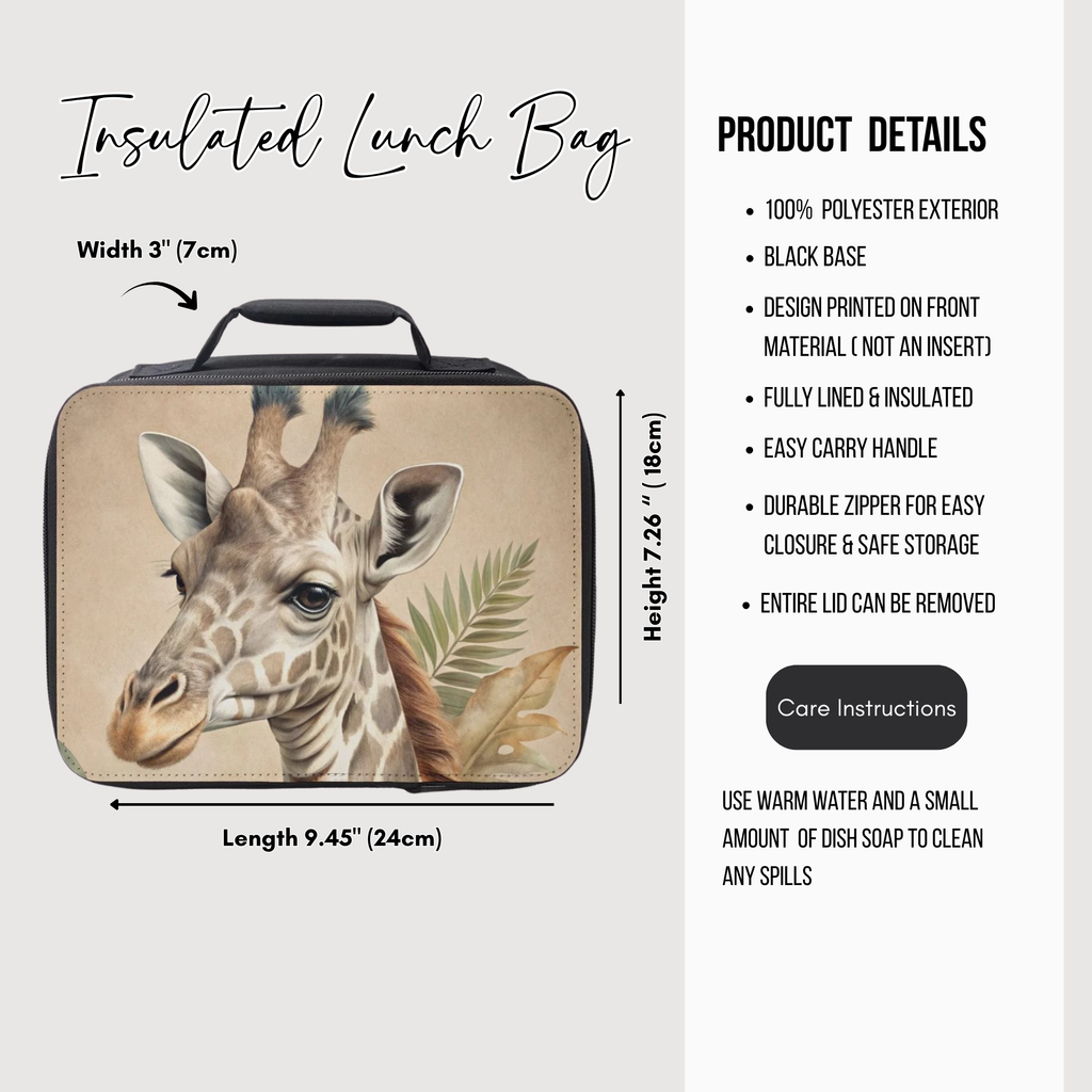 Insulated lunch bag with giraffe design and product details on a white background