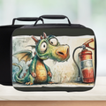  insulated lunch bag with a cartoon dragon design on a white background