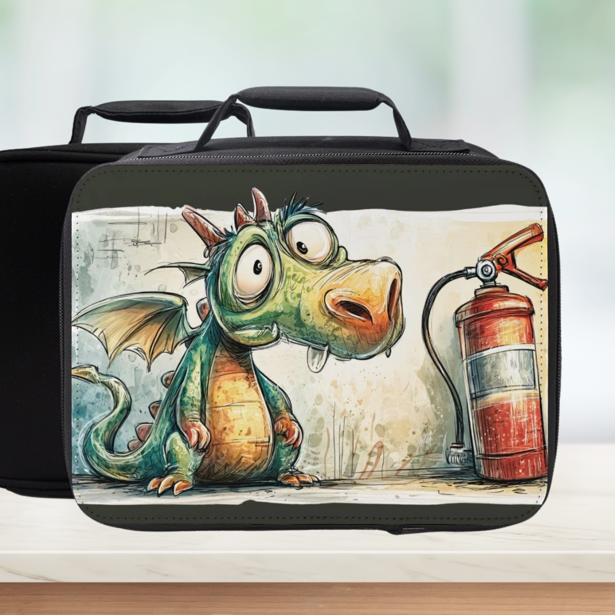  insulated lunch bag with a cartoon dragon design on a white background