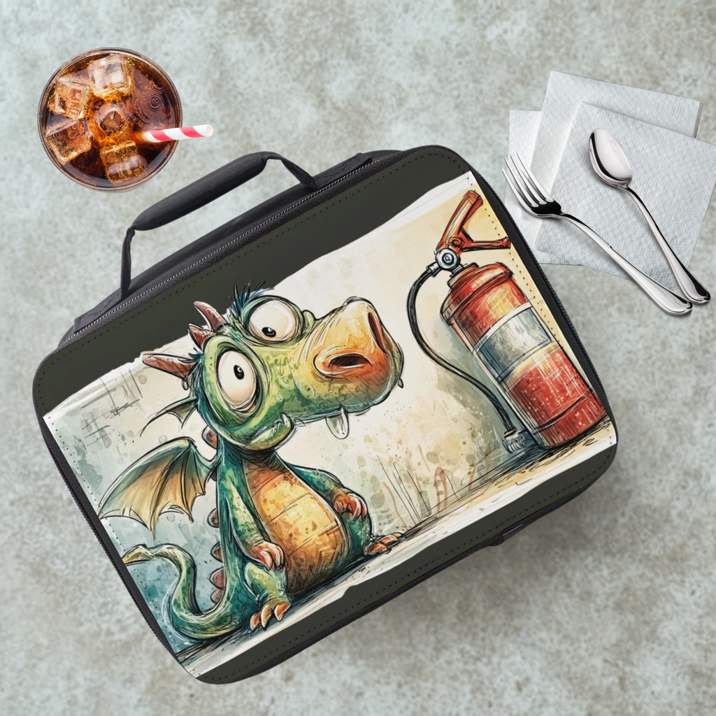 Lunch bag with a dragon design on a cafeteria table with a drink and utensils.