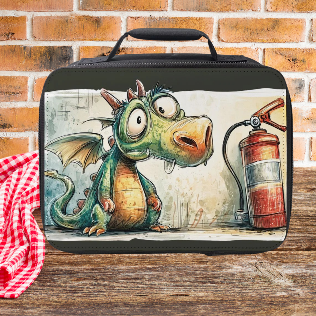 Lunch bag with a dragon design on a wooden picnic table against a brick wall background