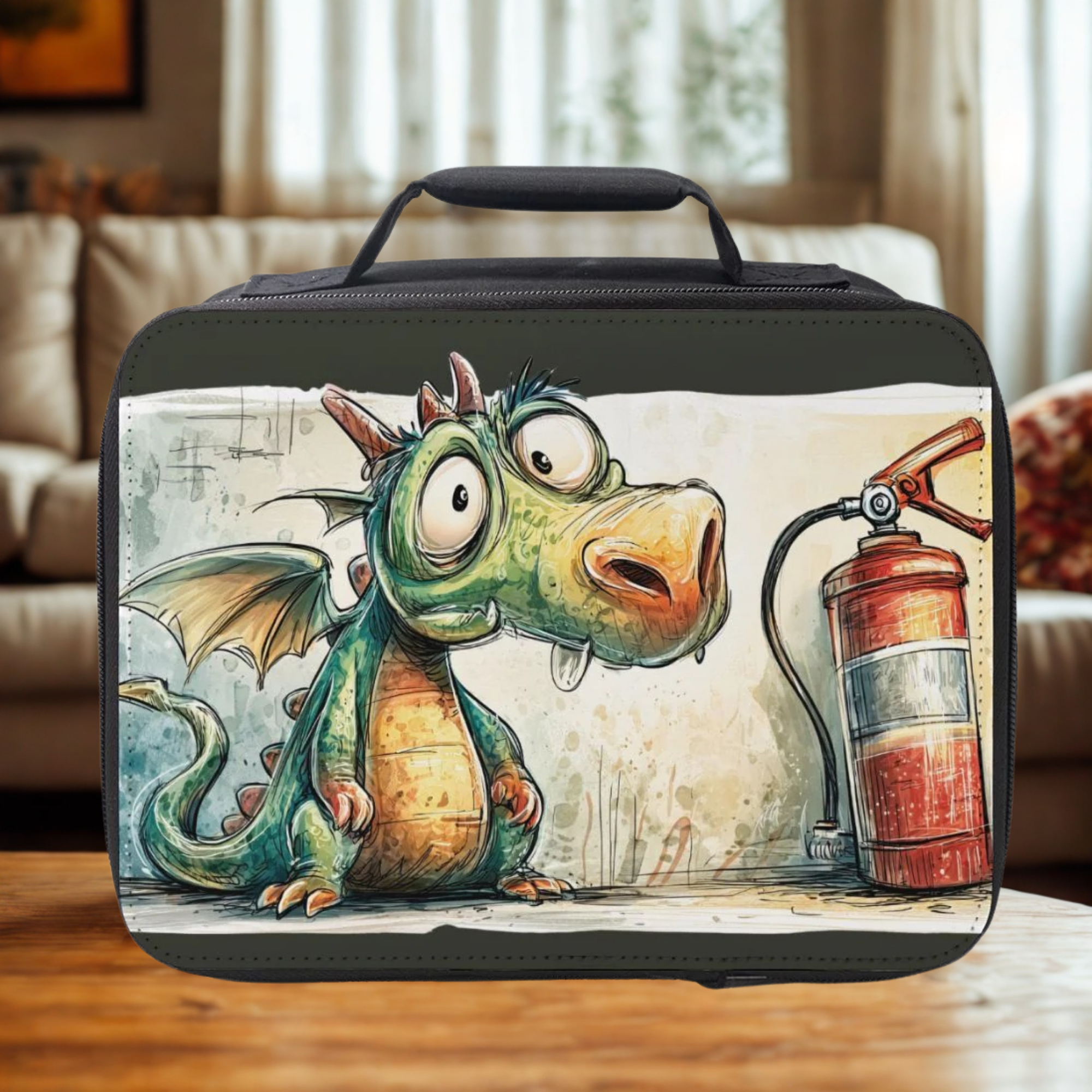  insulated lunch bag with a cartoon dragon design on a wooden coffee table in a living room