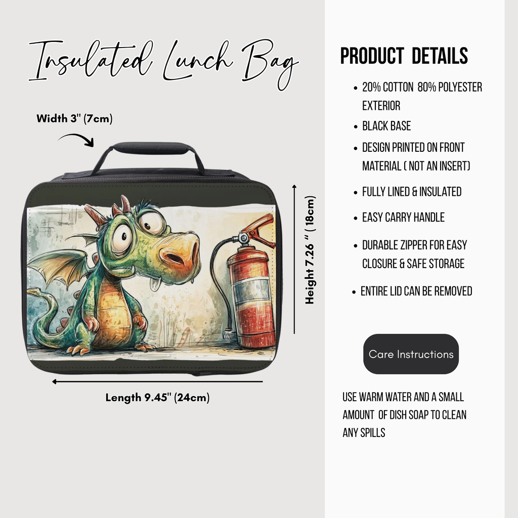 Insulated lunch bag with dragon design and product details on a white background