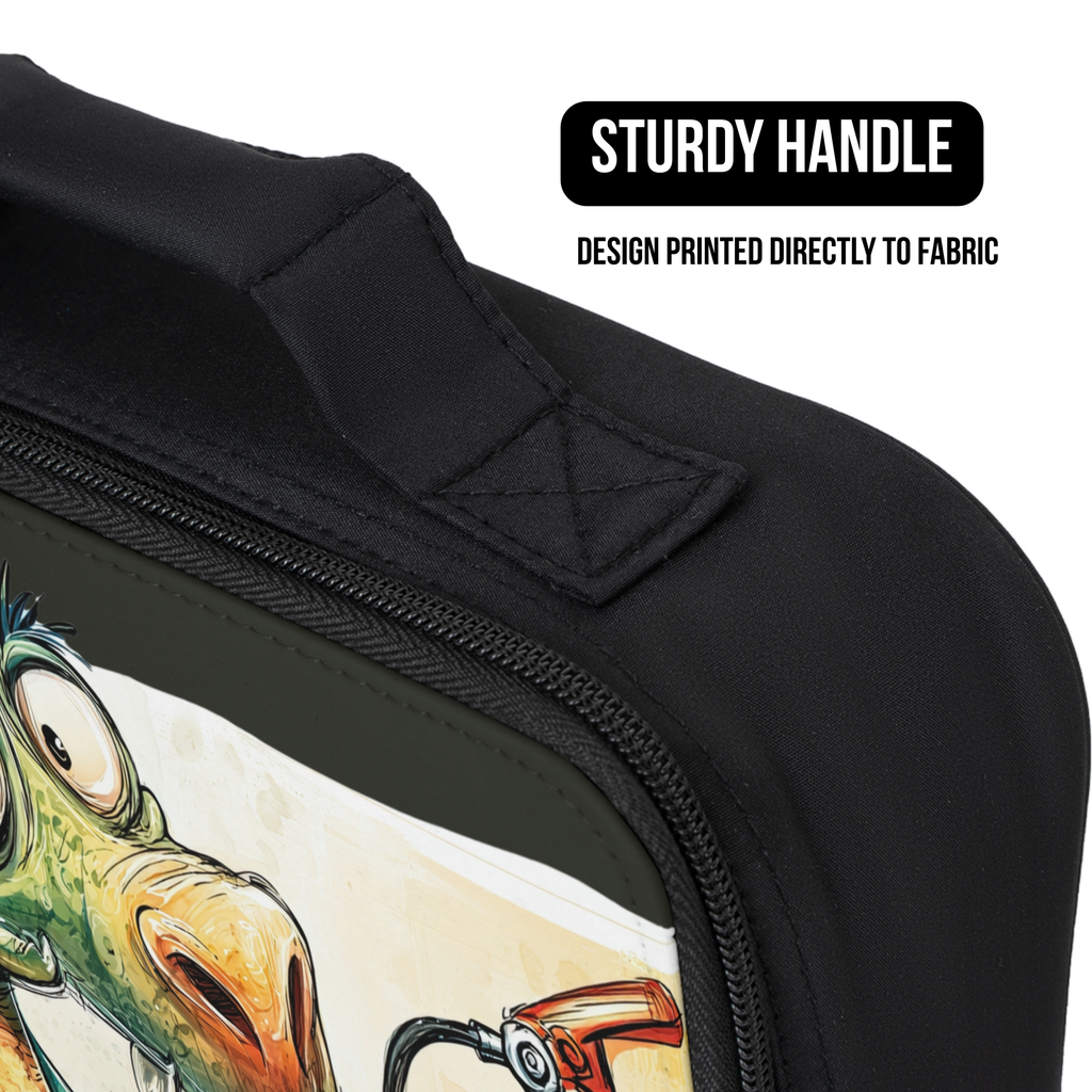 Black lunch bag with a printed design of a dragon on a white background, featuring text about a sturdy handle and design printed on fabric.